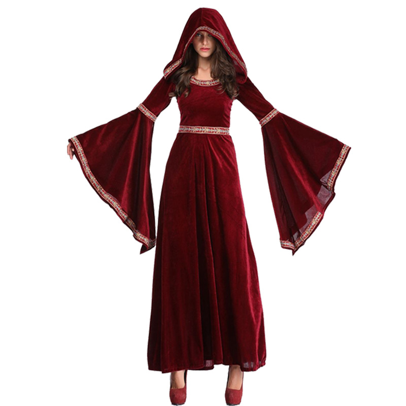Vintage Witch Long Sleeve Hooded Vampire Cosplay Costume Halloween For Women